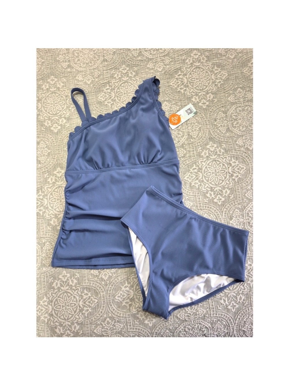 Charmo Womens Blue Ribbed One Shoulder Scallop Tankini High Waist Bottom Set M